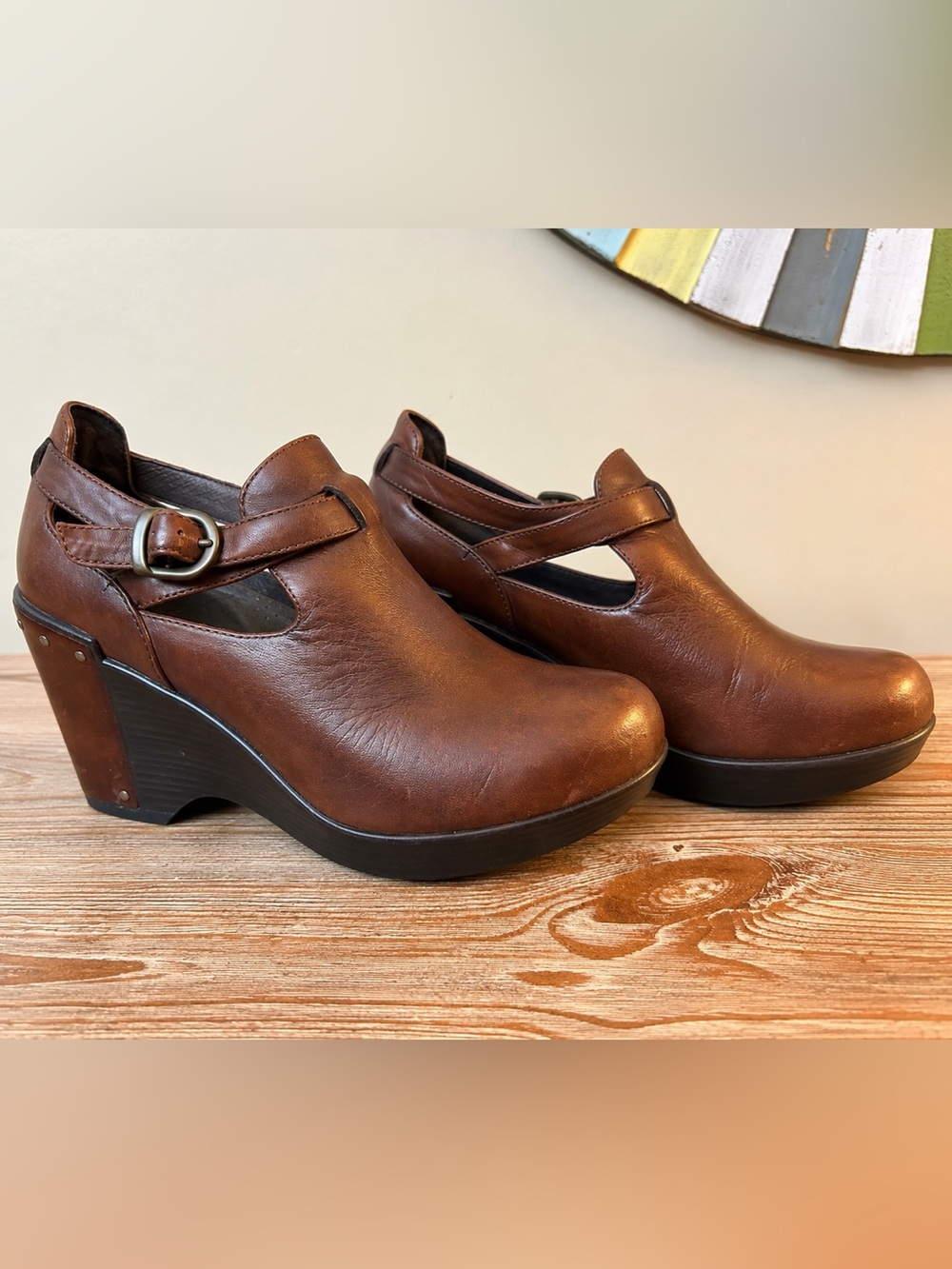 Dansko Franka Brown Leather Strappy Wedge Clogs EU 36 US 5.5/6 Boho Comfort